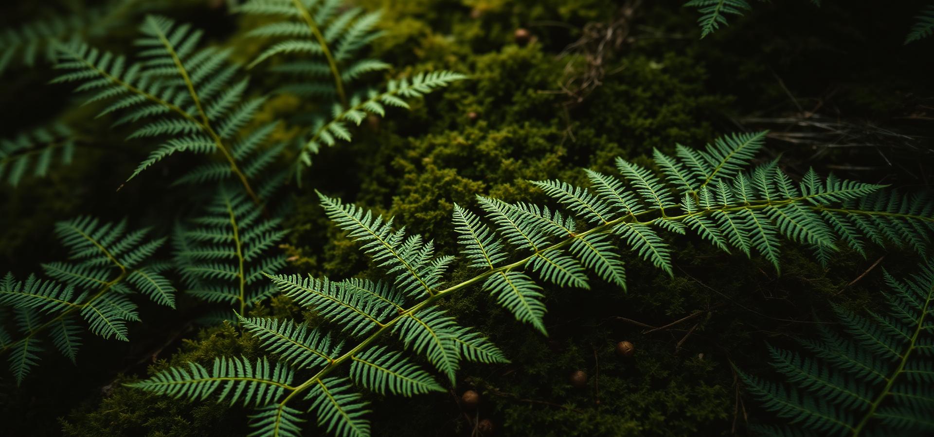 Close-up of forest ferns catching morning light